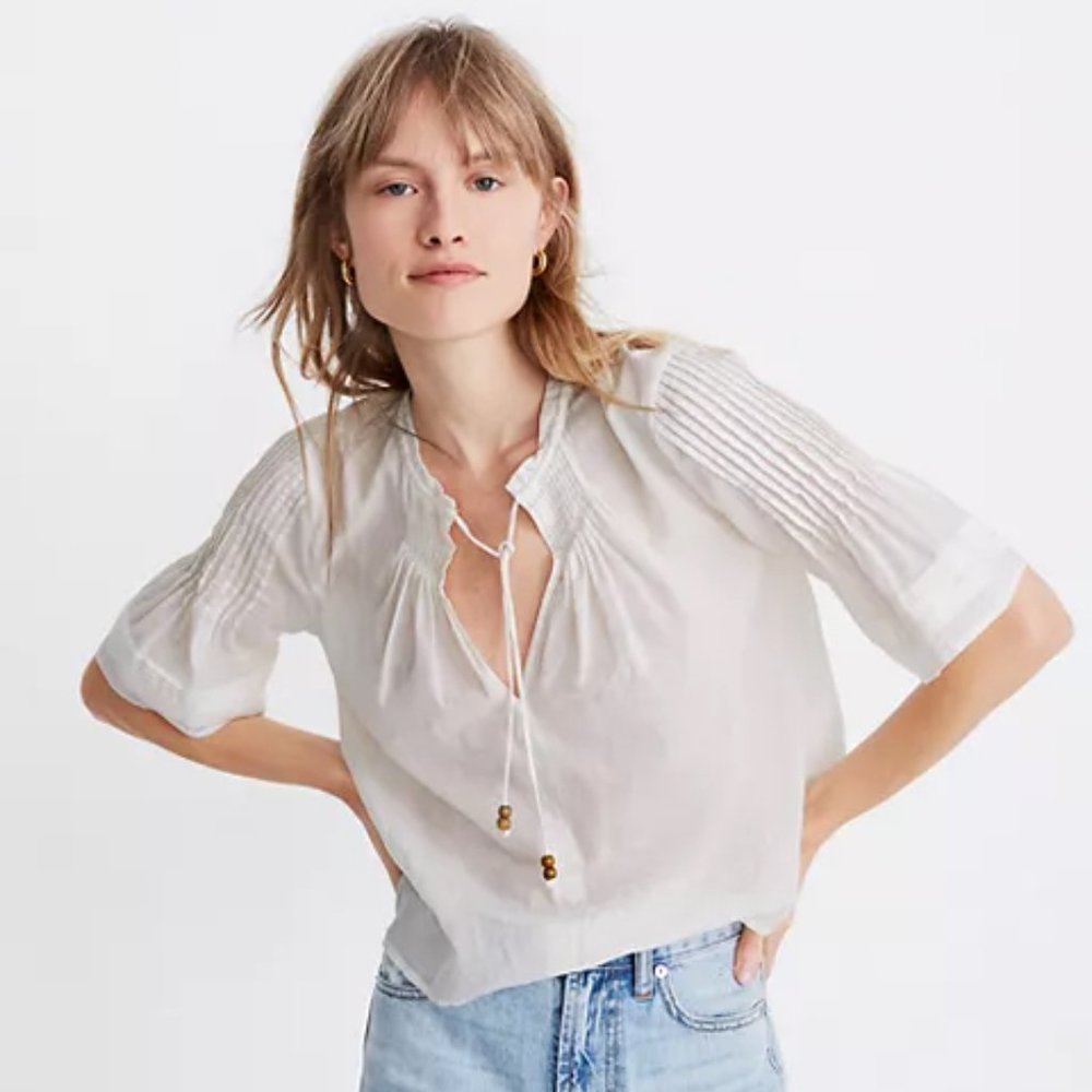 Madewell x Warm Pintuck Tie-Neck Top- Size Small